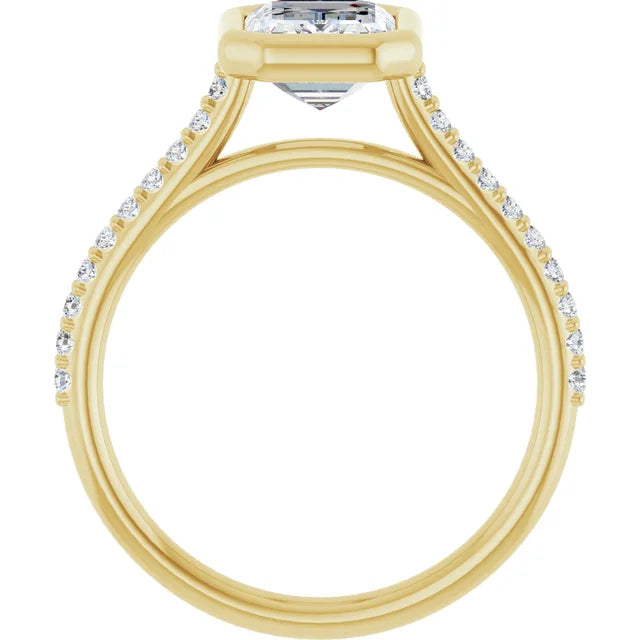 Emerald Yellow Gold Bezel Pave Lab Diamond Engagement Ring 