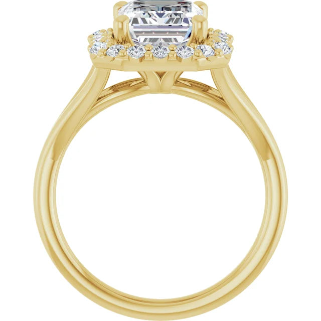 Emerald Yellow Gold Halo Solitaire Split Band Lab Diamond Engagement Ring 