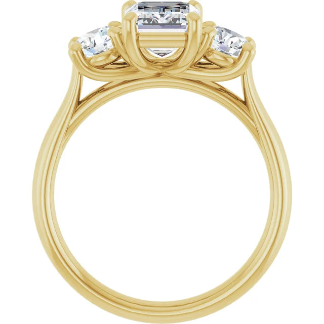 Emerald Yellow Gold Tri Stone Lab Diamond Engagement Ring