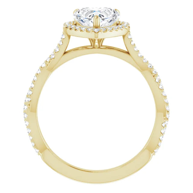 Heart Yellow Gold Halo Twist Pave Moissanite Engagement Ring 
