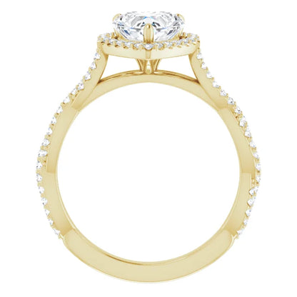 Heart Yellow Gold Halo Twist Pave Moissanite Engagement Ring 