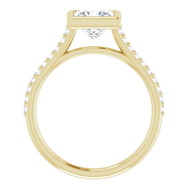 Princess Yellow Gold Bezel Pave Lab Diamond Engagement Ring 