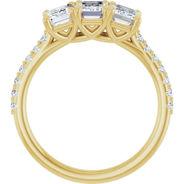 Emerald Yellow Gold Tri Stone Lab Diamonds Engagement Ring 