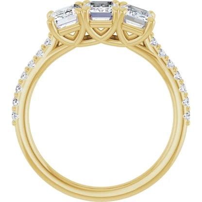 Emerald Yellow Gold Tri Stone Lab Diamonds Engagement Ring 