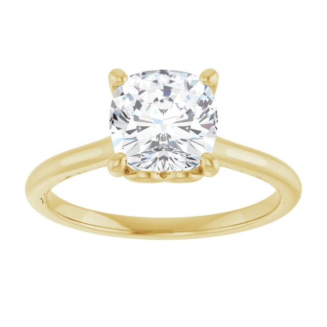Cushion Yellow Gold Four Claw Solitaire Lab Diamond Engagement Ring 