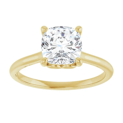 Cushion Yellow Gold Four Claw Solitaire Lab Diamond Engagement Ring 