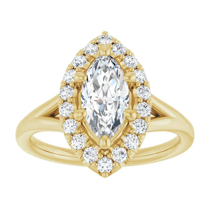Marquise Yellow Gold Halo Solitaire Split Band Lab Diamond Engagement Ring 