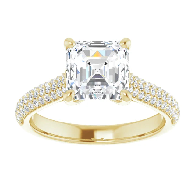 Asscher Yellow Gold Pave Lab Diamond Engagement Ring 