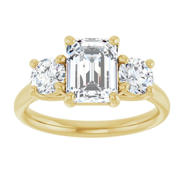 Emerald Yellow Gold Tri Stone Lab Diamond Engagement Ring