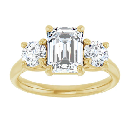Emerald Yellow Gold Tri Stone Lab Diamond Engagement Ring