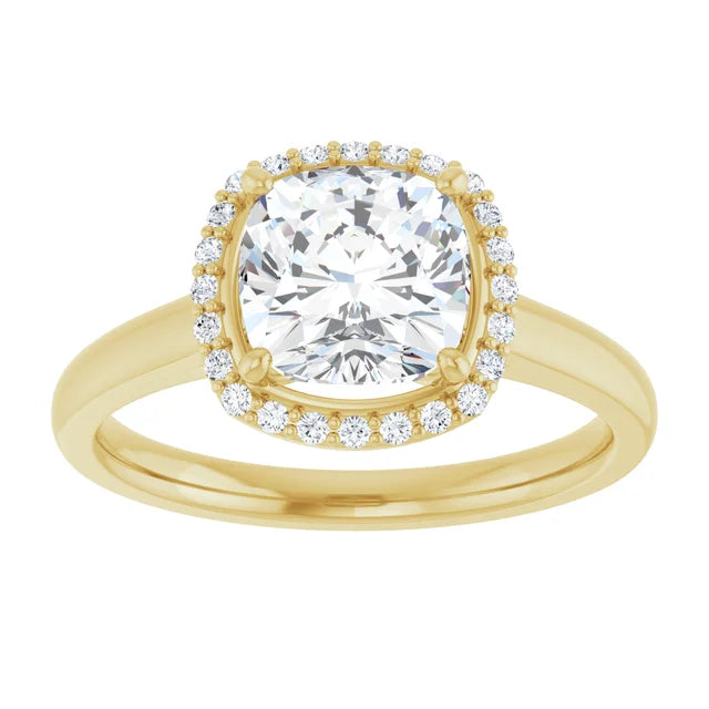 Cushion Halo Solitaire Lab Diamond Engagement Ring Yellow Gold. 