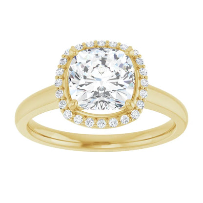 Cushion Halo Solitaire Lab Diamond Engagement Ring Yellow Gold. 