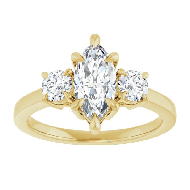 Marquise Yellow Gold Tri Stone Lab Diamond Engagement Ring 