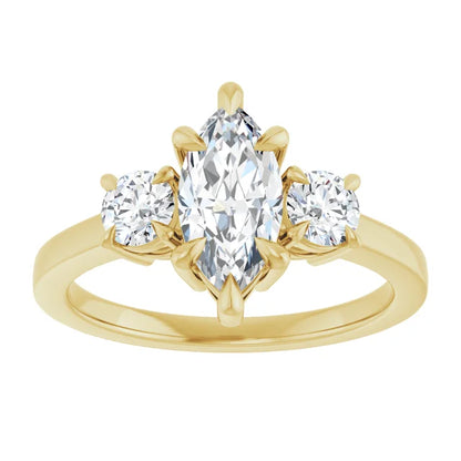 Marquise Yellow Gold Tri Stone Lab Diamond Engagement Ring 