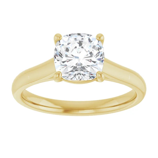 Four Claw Cushion Yellow Gold Solitaire Lab Diamond Engagement Ring