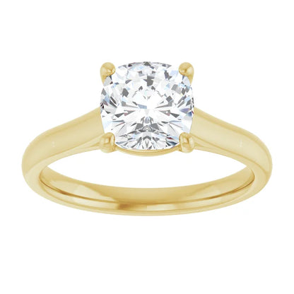 Four Claw Cushion Yellow Gold Solitaire Lab Diamond Engagement Ring