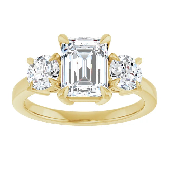 Emerald Yellow Gold Tri Stone Lab Diamond Engagement Ring 