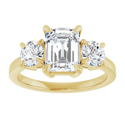 Emerald Yellow Gold Tri Stone Lab Diamond Engagement Ring 