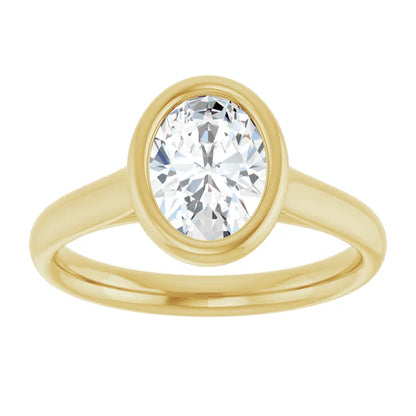 Oval Yellow Gold Bezel Solitaire Lab Diamond Engagement Ring 