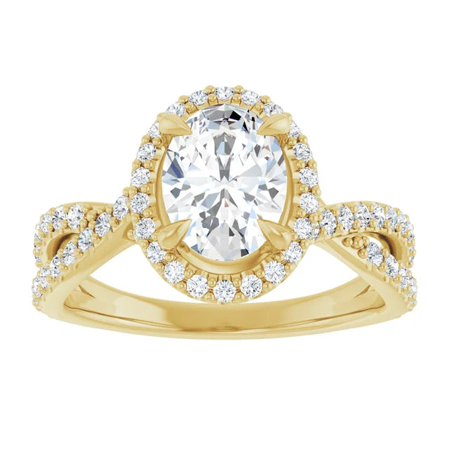 Oval Yellow Gold Twist Band Halo Lab Diamond Engagement Ring  