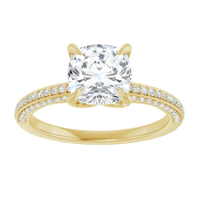 Cushion Yellow Gold Pave Lab Diamond Engagement Ring 