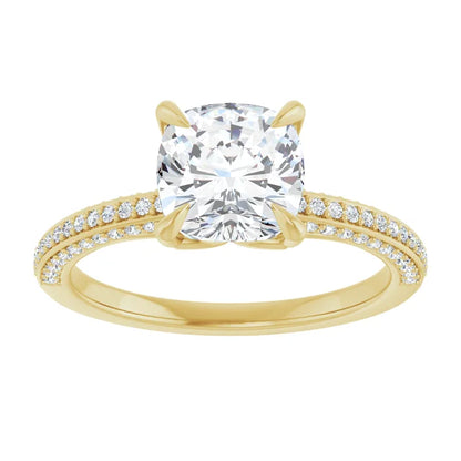 Cushion Yellow Gold Pave Lab Diamond Engagement Ring 