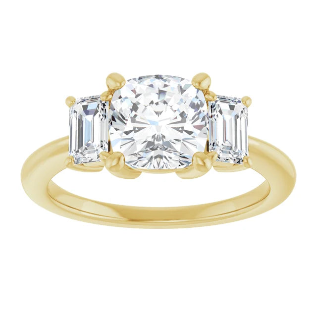 Cushion Yellow Gold Tri Stone Lab Diamond Engagement Ring
