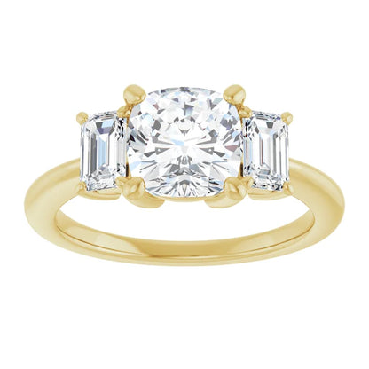 Cushion Yellow Gold Tri Stone Lab Diamond Engagement Ring