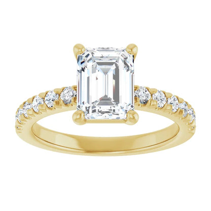 Emerald Four Claw Pave Yellow Gold Engagement Ring 