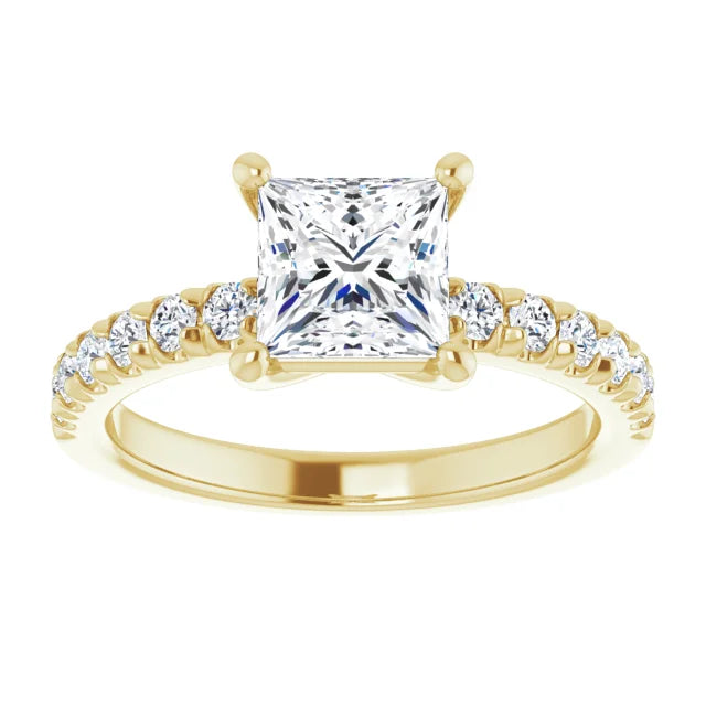 Princess Yellow Gold Four Claw Pave Band Lab Diamond Engagement Ring 