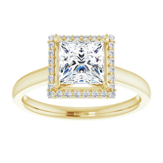 Princess Halo Solitaire Lab Diamond Engagement Ring Yellow Gold. 