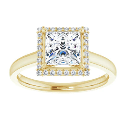 Princess Halo Solitaire Lab Diamond Engagement Ring Yellow Gold. 