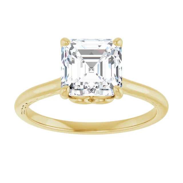 Asscher Yellow Gold Four Claw Solitaire Lab Diamond Engagement Ring 