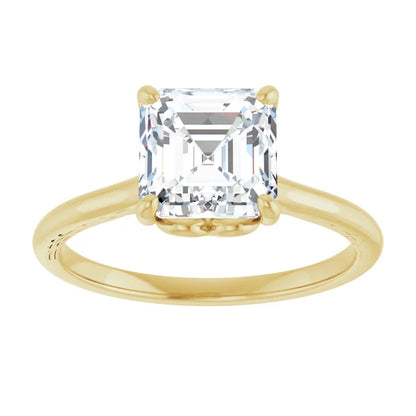 Asscher Yellow Gold Four Claw Solitaire Lab Diamond Engagement Ring 