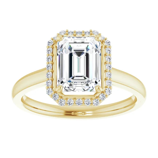 Emerald Halo Solitaire Lab Diamond Engagement Ring Yellow Gold. 