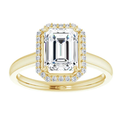 Emerald Halo Solitaire Lab Diamond Engagement Ring Yellow Gold. 