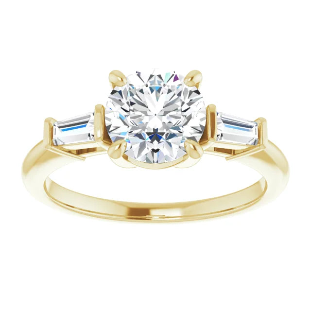 Round Brilliant Yellow Gold Baguette Accent Lab Diamond Engagement Ring 