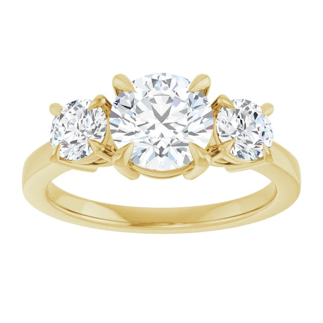 Round Brilliant Yellow Gold Tri Stone Lab Diamond Engagement Ring 