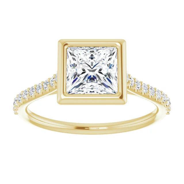 Princess Yellow Gold Bezel Pave Lab Diamond Engagement Ring 