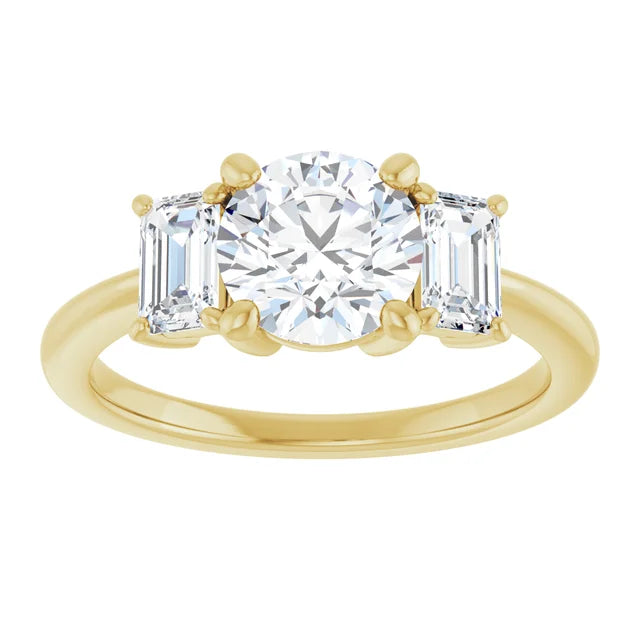 Round Brilliant Yellow Gold Tri Stone Lab Diamond Engagement Ring