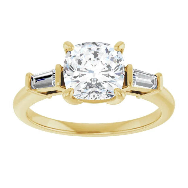 Cushion Yellow Gold Baguette Accent Lab Diamond Engagement Ring 
