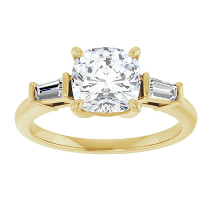 Cushion Yellow Gold Baguette Accent Lab Diamond Engagement Ring 