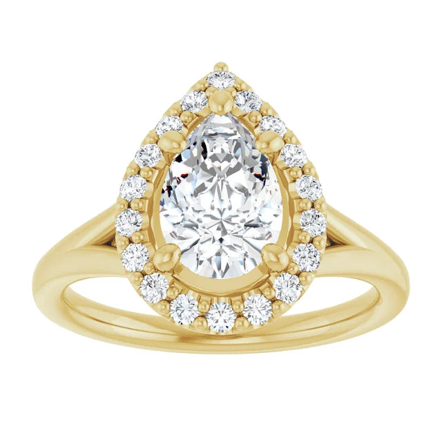 Pear Yellow Gold Halo Solitaire Split Band Lab Diamond Engagement Ring 