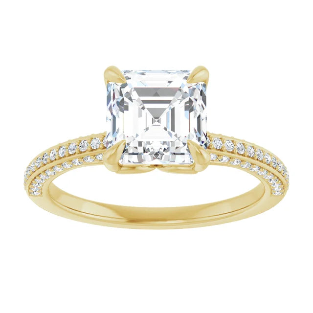 Asscher Yellow Gold Pave Lab Diamond Engagement Ring 
