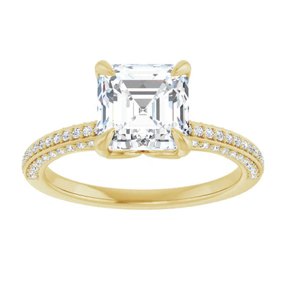 Asscher Yellow Gold Pave Lab Diamond Engagement Ring 