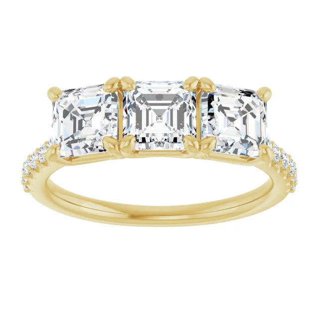 Asscher Yellow Gold Tri Stone Lab Diamonds Engagement Ring 