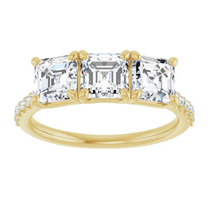 Asscher Yellow Gold Tri Stone Lab Diamonds Engagement Ring 