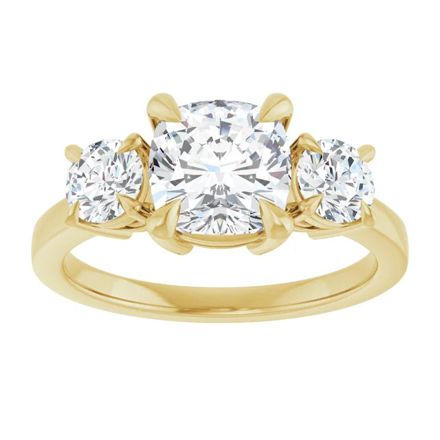 Cushion Yellow Gold Tri Stone Lab Diamond Engagement Ring 