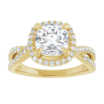 Cushion Yellow Gold Twist Band Halo Lab Diamond Engagement Ring  