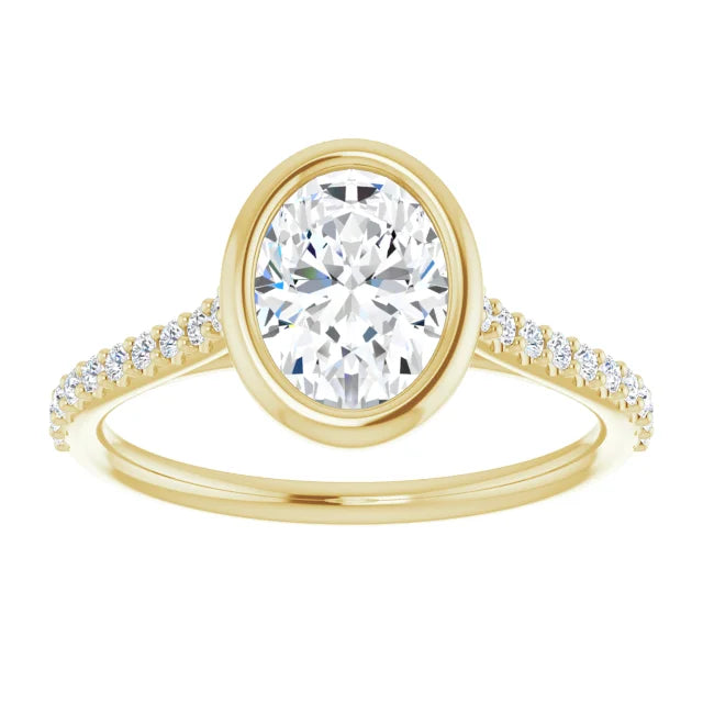 Oval Yellow Gold Bezel Pave Lab Diamond Engagement Ring 
